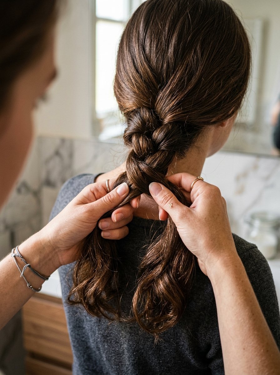 Close up view of a person braiding someone else's long brown hair in a home bathroom setting.