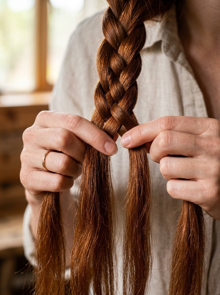 Close-up of hands plaiting long auburn hair strands to create a neat braid.