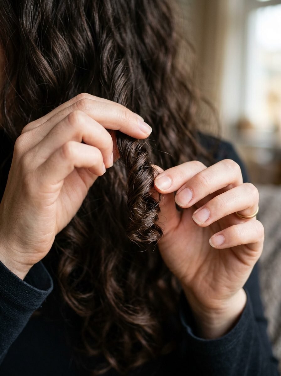 Close-up of hands fingers curling a strand of dark brown hair into a tight spiral.