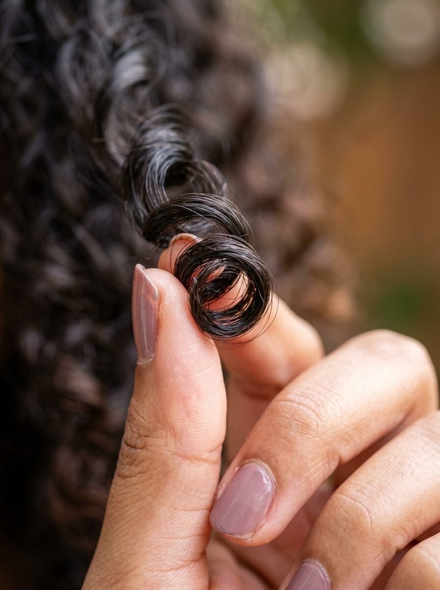 Close up of fingers holding a single spiral ringlet of dark brown curly hair with mauve manicured nails.