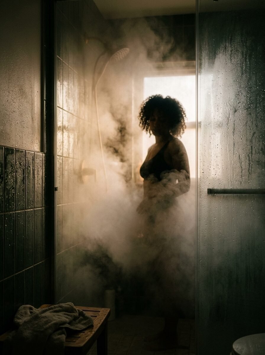 Silhouette of a person with curly hair inside a wet glass shower filled with warm steam.