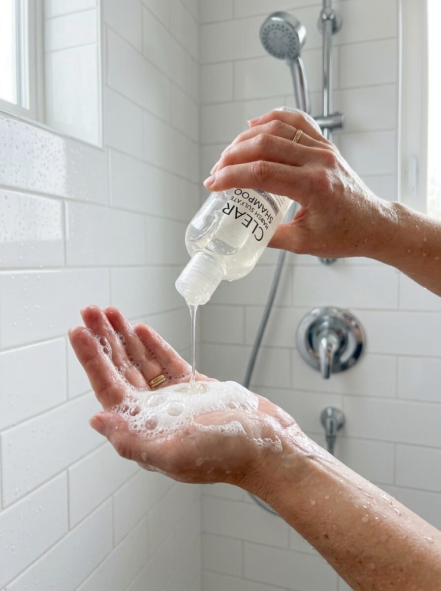 Close up of hands dispensing clear shampoo into a soapy palm against a white tiled shower wall.