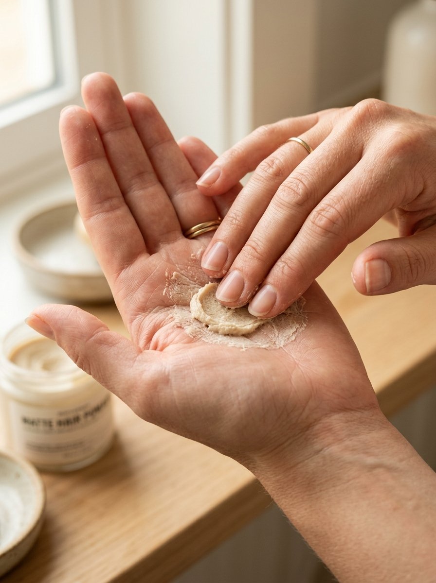 Close-up of hands rubbing a small dollop of creamy matte hair styling product to prepare for application.