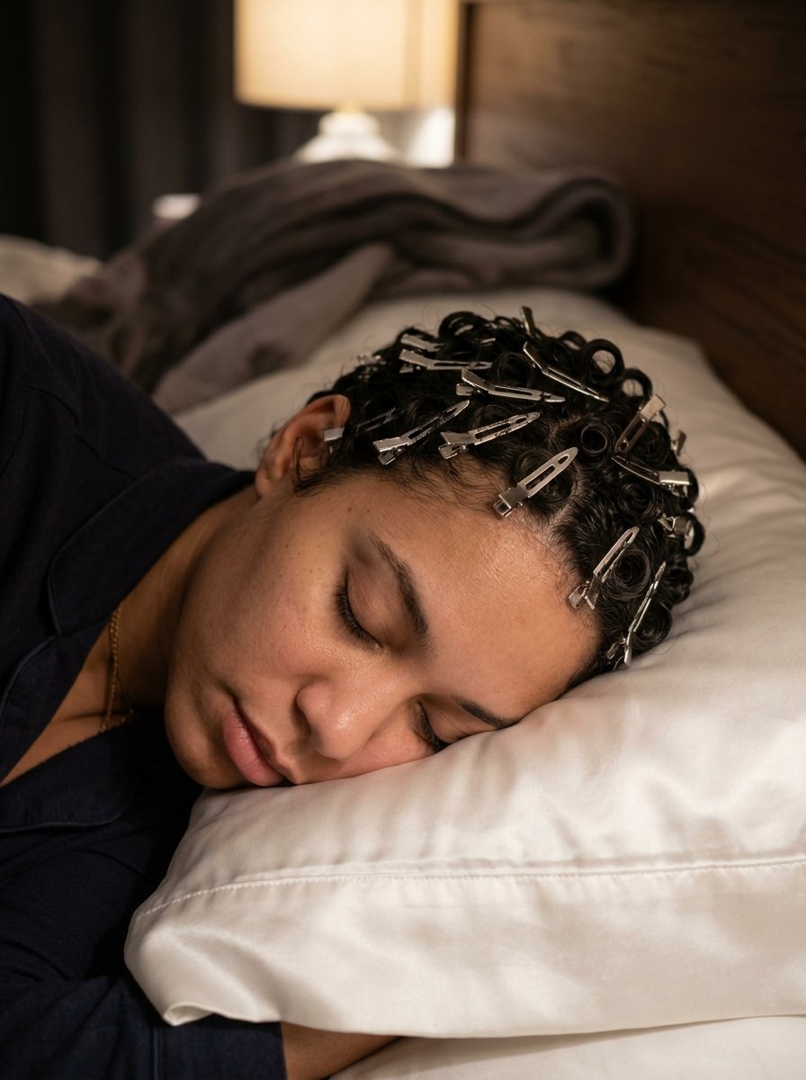 Close up of a woman resting on a silk pillowcase with metal styling clips holding her hair in place.
