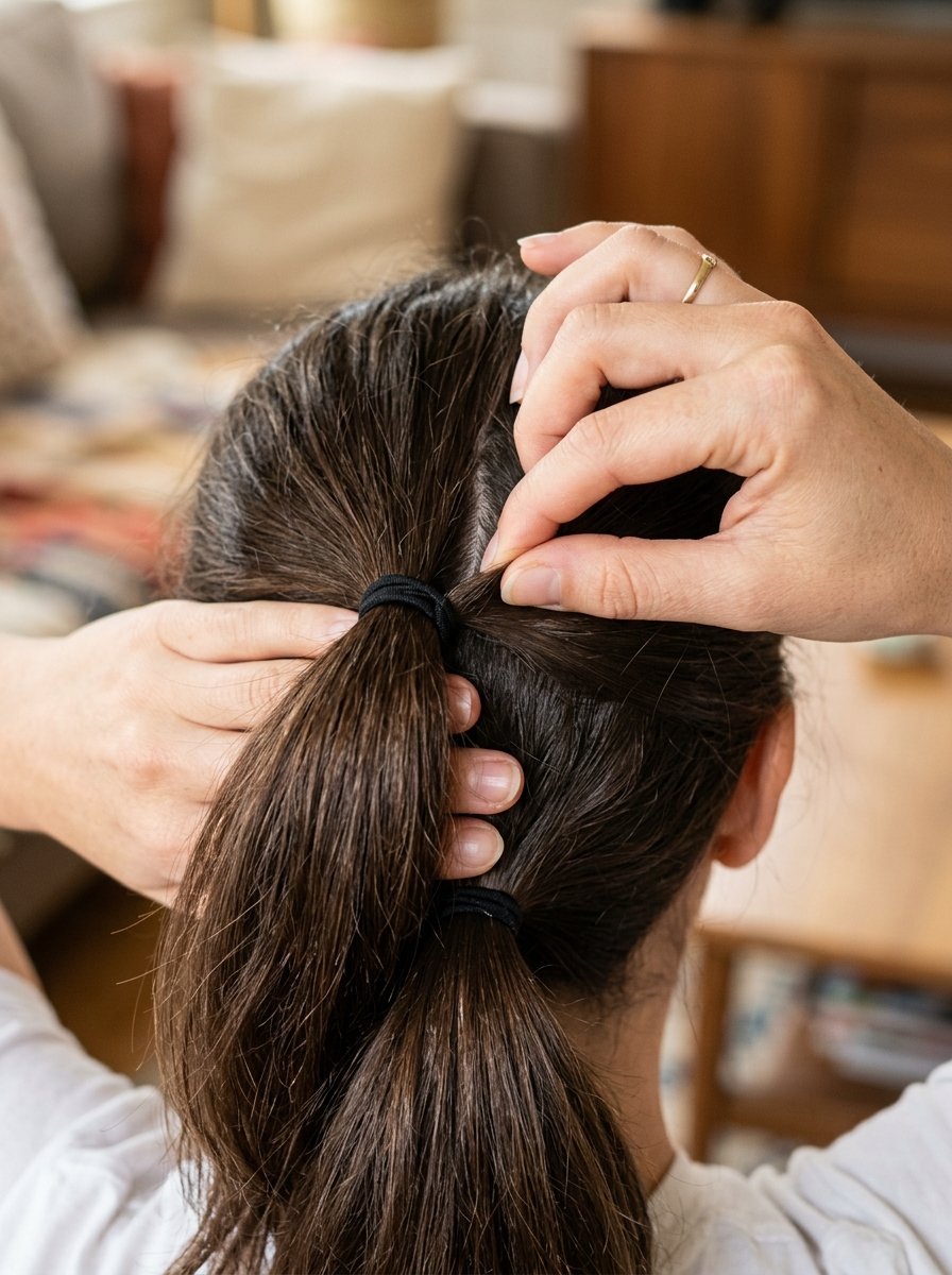 Close-up of hands pulling brown hair into a gathered ponytail using a black elastic band.