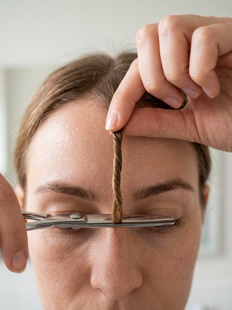 Close-up of a person holding a small section of brown hair with scissors positioned to trim the ends.