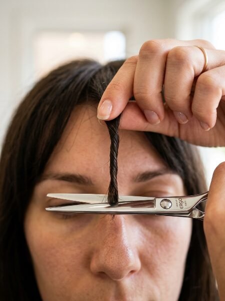 Close up of a woman holding a twisted piece of hair between her fingers with sharp metal scissors positioned to cut.
