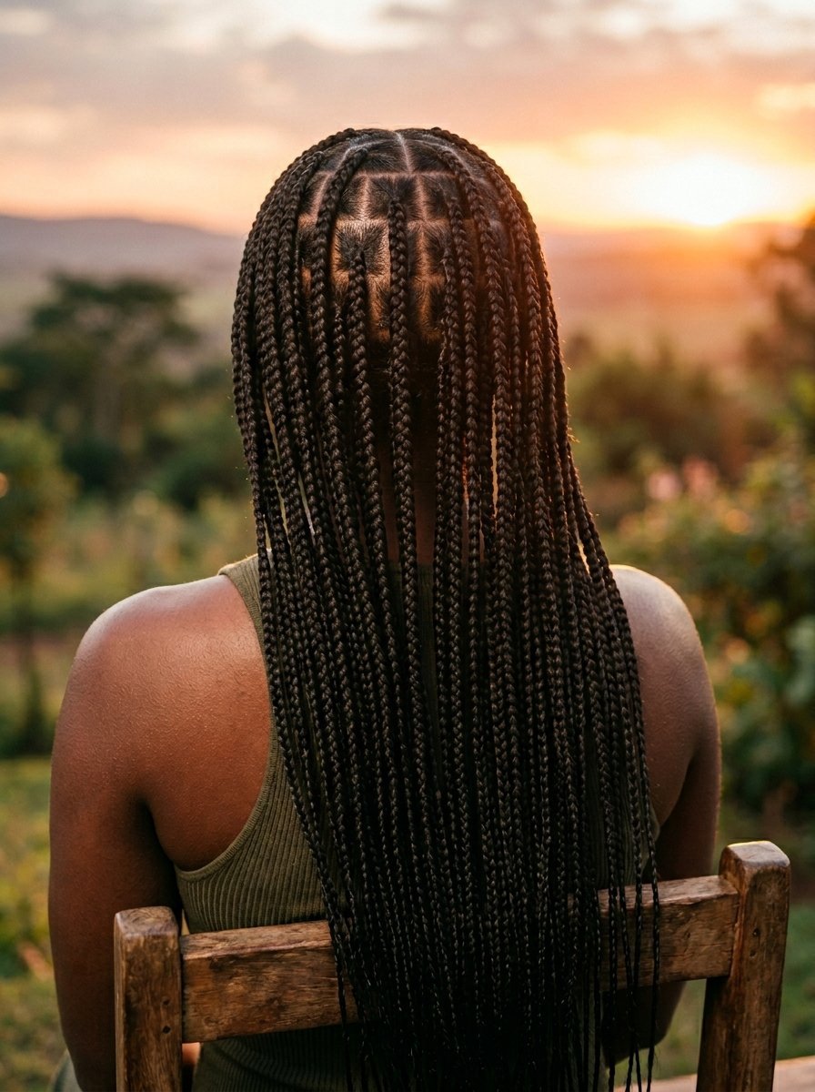 Close up rear view of a person with long braided hair wearing a tank top sitting on a wooden chair at twilight.