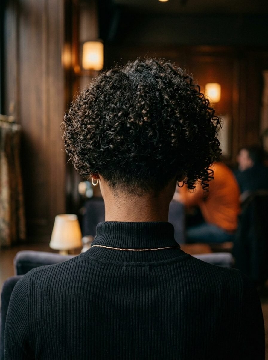 Close up rear view of a person with a short curly haircut wearing a black ribbed turtleneck sweater.