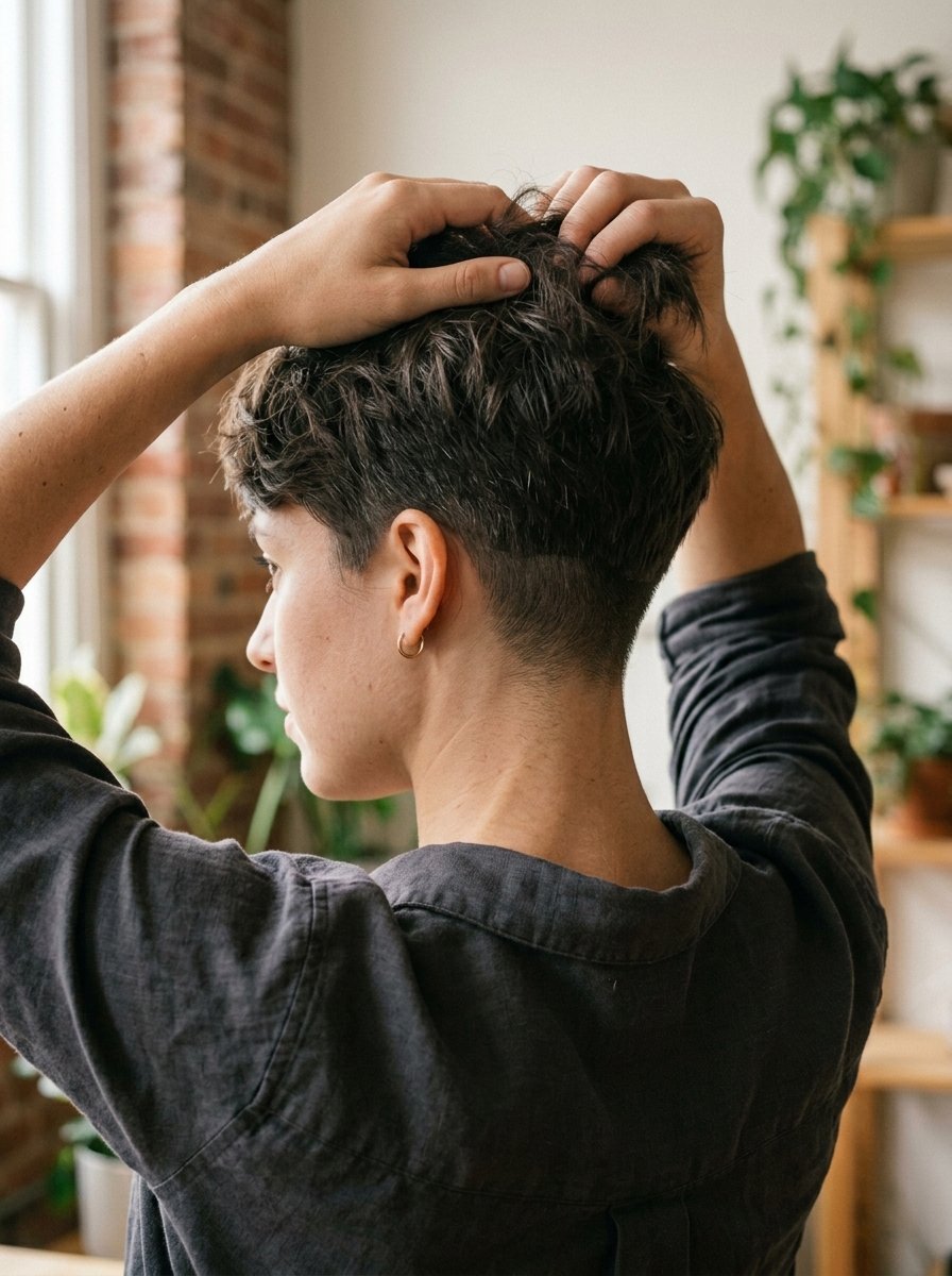 Close up rear view of a woman with short dark hair in a textured undercut style, wearing a grey linen shirt.