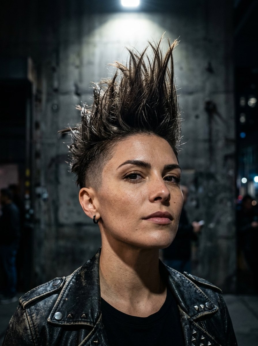 Portrait of a woman with a tall, spiky mohawk hairstyle and side fade, wearing a black studded leather jacket.