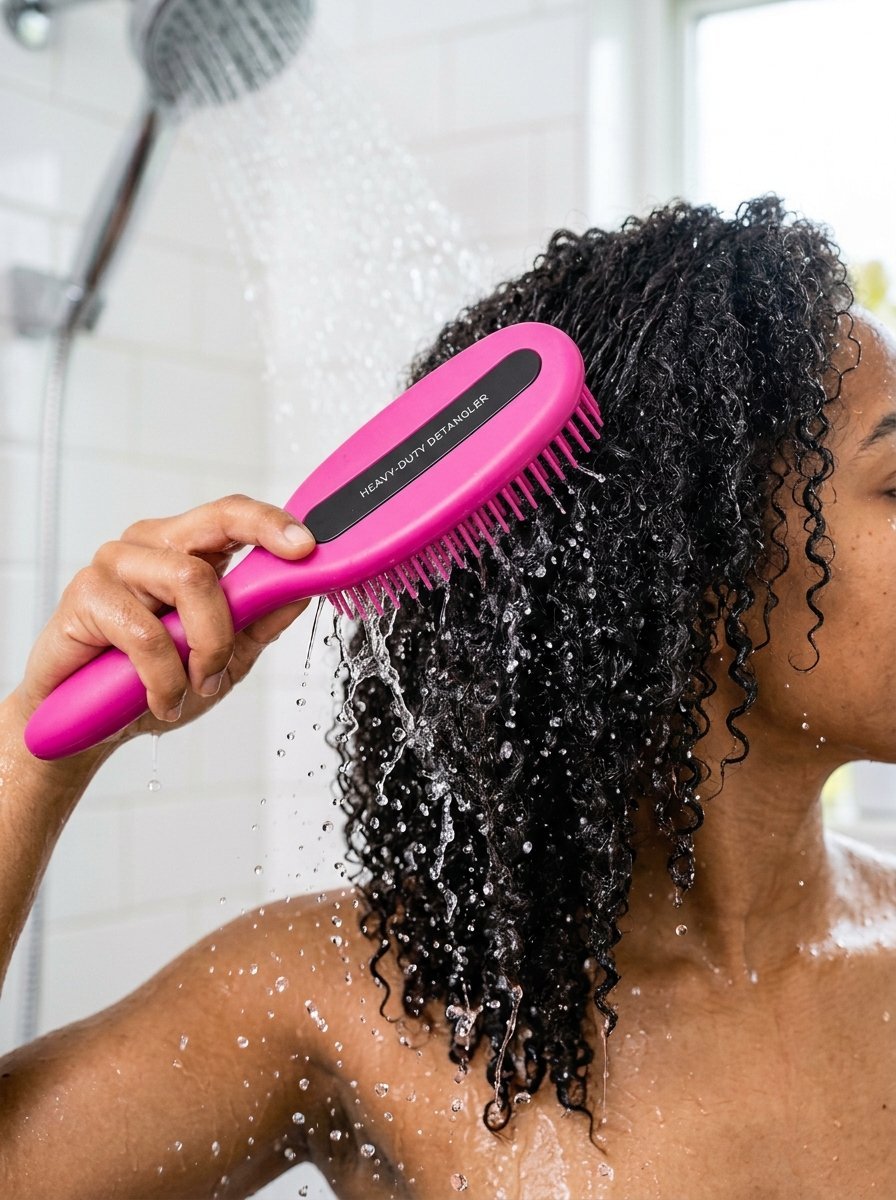 A person with curly hair brushes through wet tresses with a fuchsia hairbrush under a running shower stream.