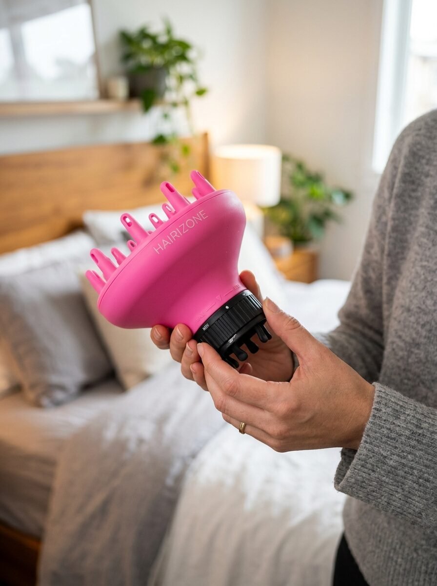 Close-up of hands holding a pink plastic hair diffuser with adjustable black grip in a bedroom setting.