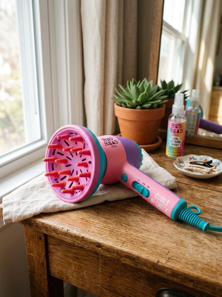 Pink and purple hair dryer with a diffuser attachment placed on a wooden table next to a succulent plant.