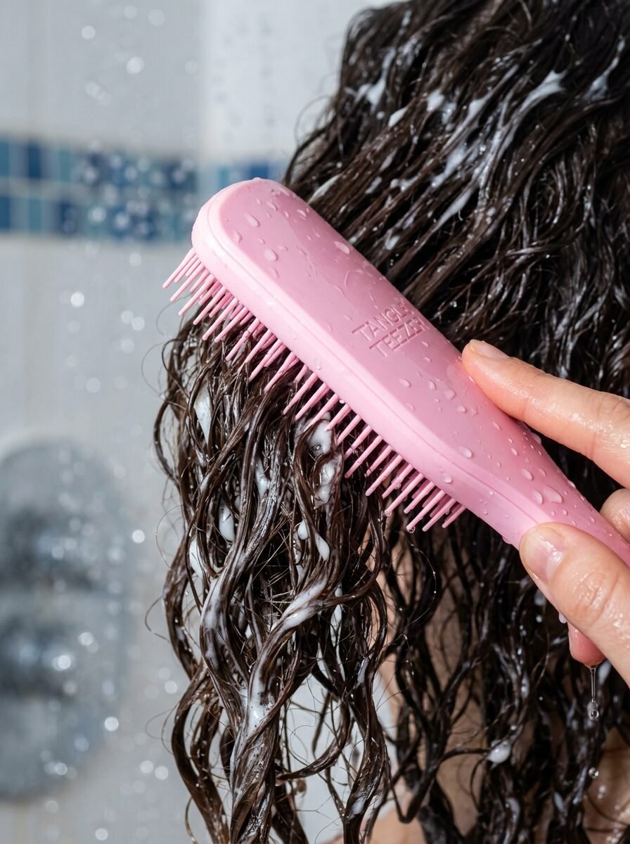 A person uses a wet pink detangling brush to comb through conditioner-covered wavy hair in the shower.