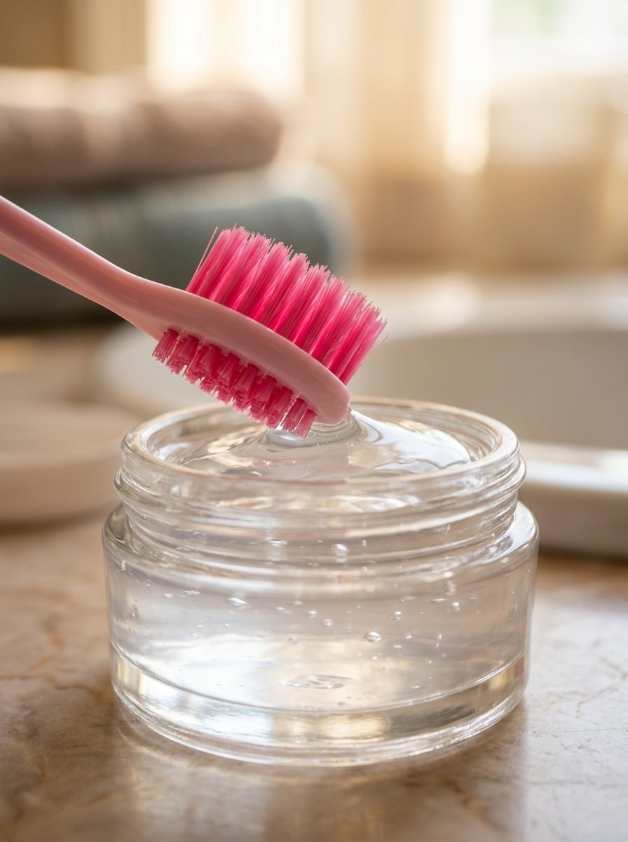 Close up of a pink bristle toothbrush being dipped into a small glass container filled with clear, thick gel.