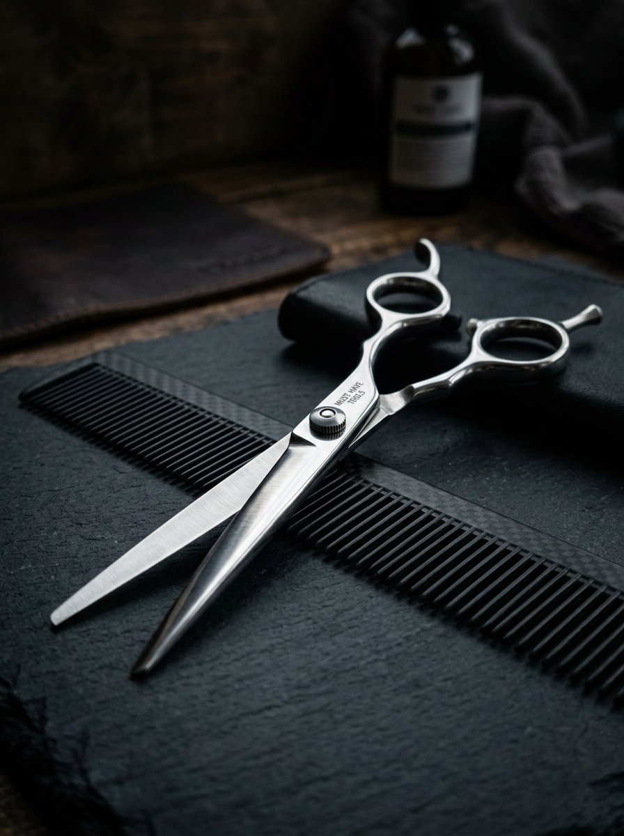 Close-up of stainless steel hair shears placed over a black carbon fiber styling comb on a slate surface.