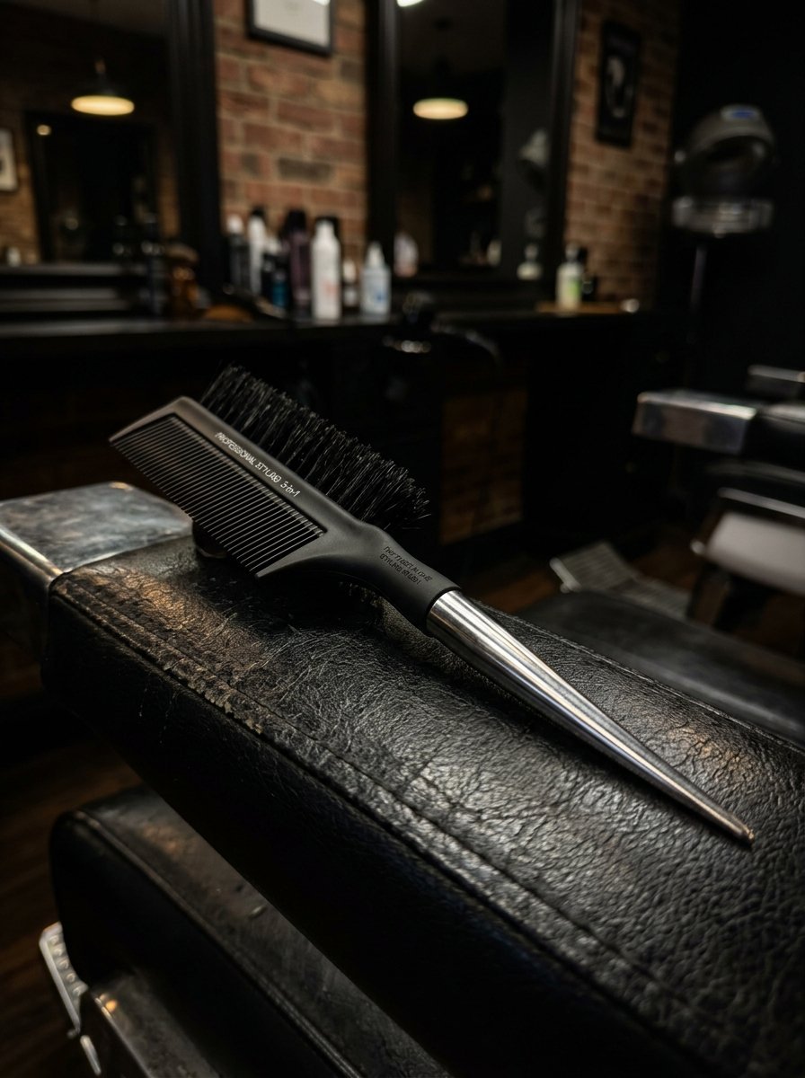 Close-up of a black hair styling tool with a pointed metal handle sitting on a worn leather salon chair.