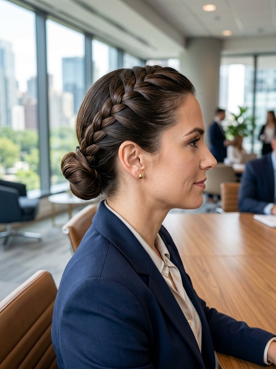 Side profile of a woman with brunette hair in a French braid and low bun, wearing a navy blue blazer at a meeting.