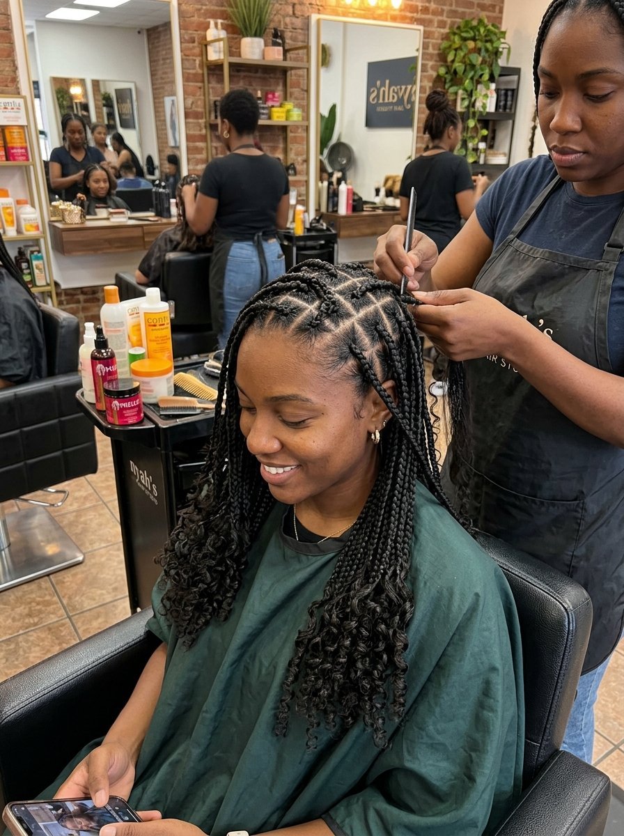 Close up of a stylist braiding a smiling woman's hair with square patterns in a professional hair salon setting.