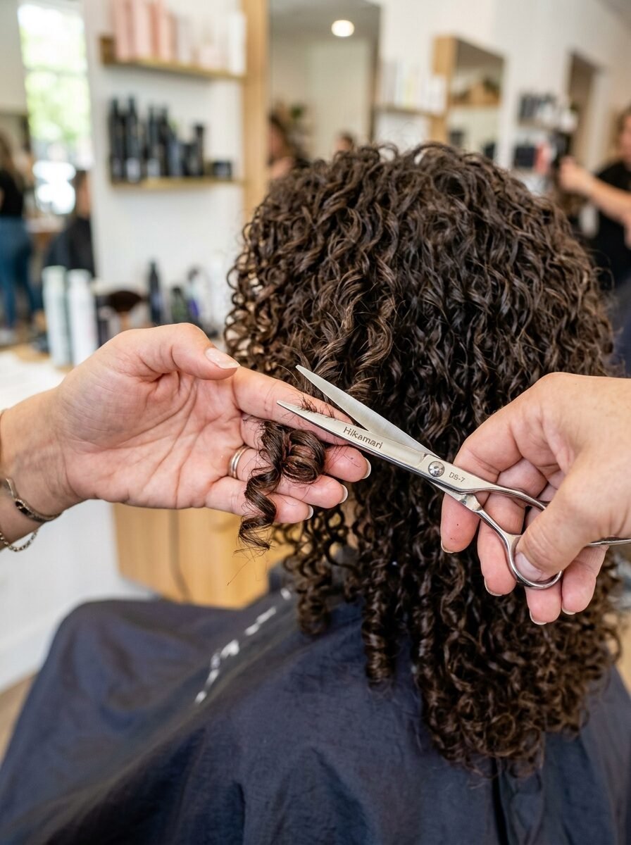 Close up of a stylist hands cutting a lock of dark textured hair with professional metal shears.