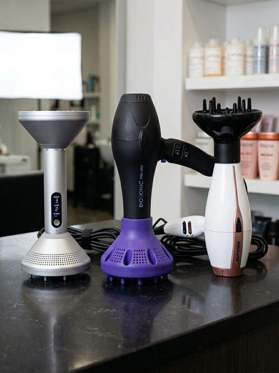 A lineup of three professional hair styling tools with diffusers sitting on a dark table in a salon.