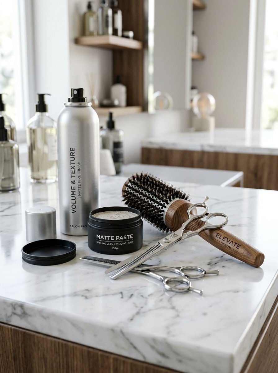 Professional salon hairspray, matte paste, thinning shears, and a round wooden brush on a marble surface.