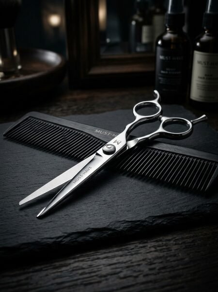 Stainless steel barber scissors and a black plastic comb on a dark slate surface.