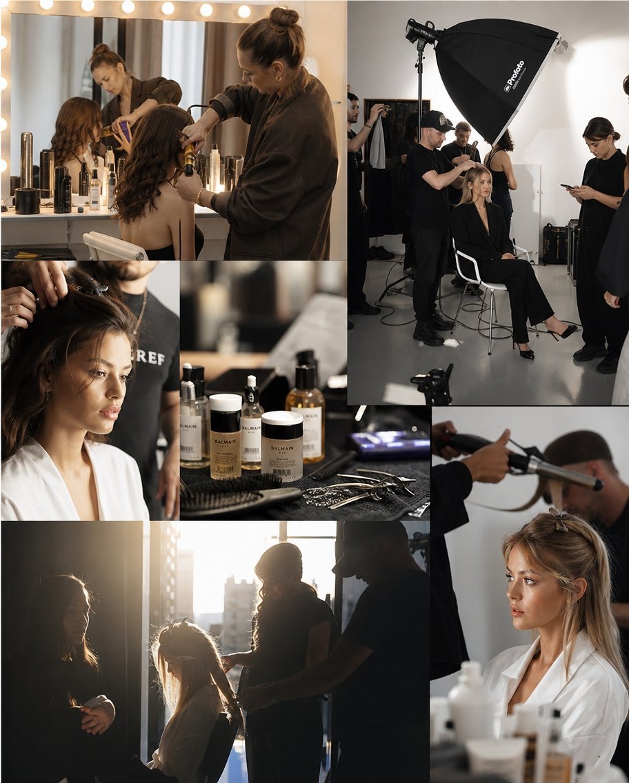 A multi-panel image showing hairstylists working on models, product shots, and a studio photoshoot setup.