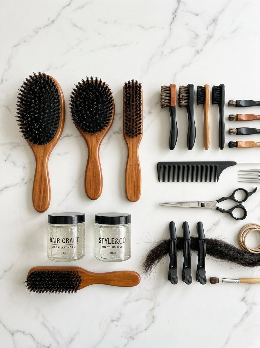 Top-down view of wooden hair brushes, grooming gels, hair clips, and scissors on a white marble surface.
