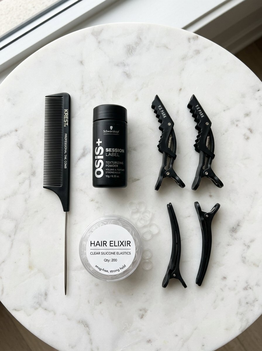 Krest rattail comb, Osis texturizing powder, hair clips, and clear elastic bands arranged on a round marble table.