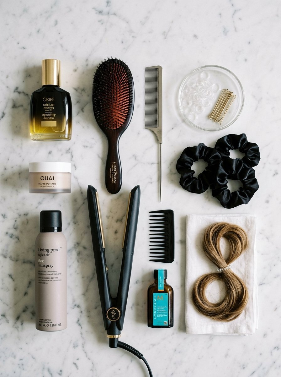 Collection of hair brushes, a flat iron, hairspray, and silk scrunchies arranged on a white marble surface.