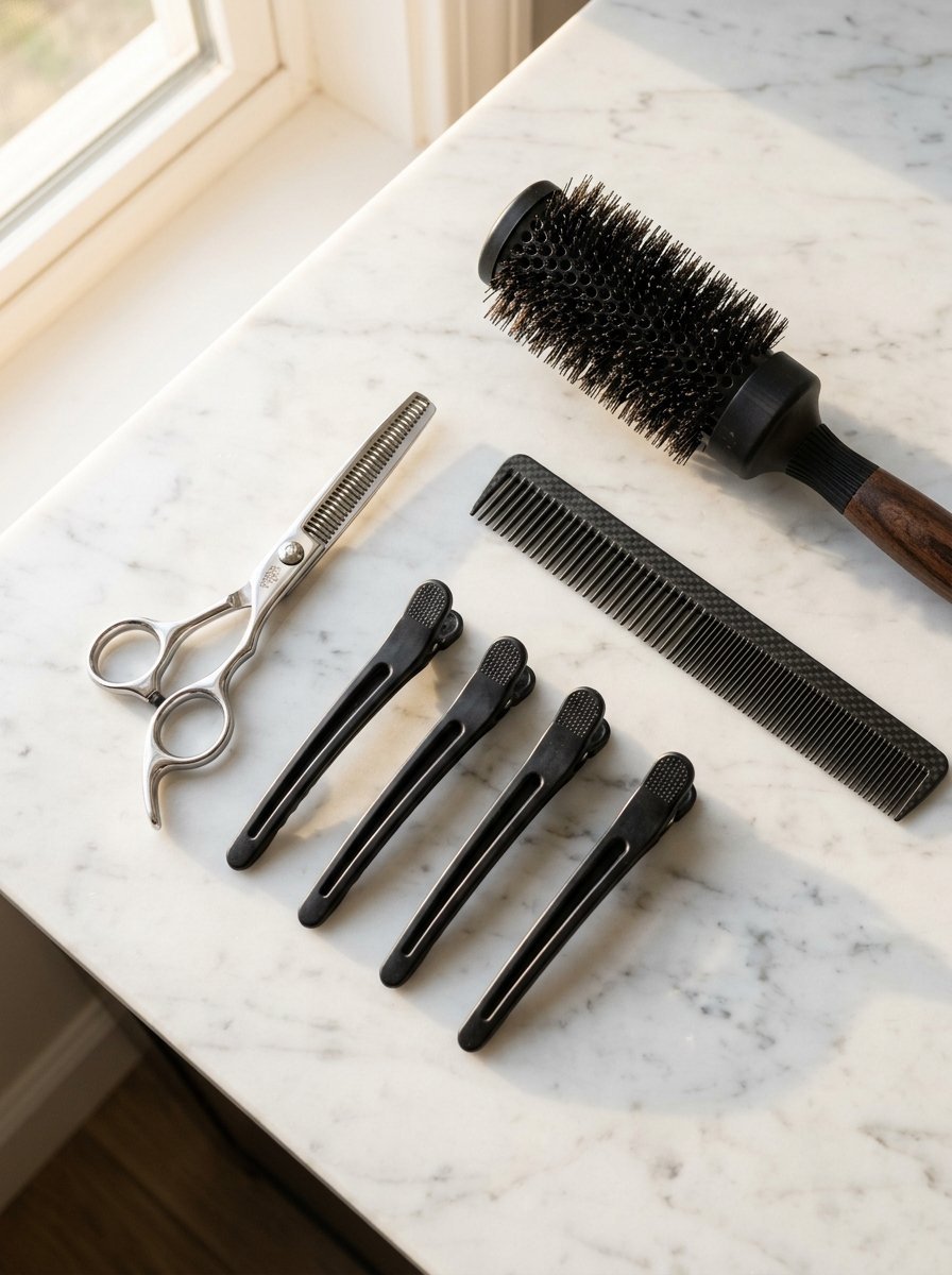 Close-up of hair salon essentials including thinning shears, carbon comb, round brush, and four black sectioning clips.
