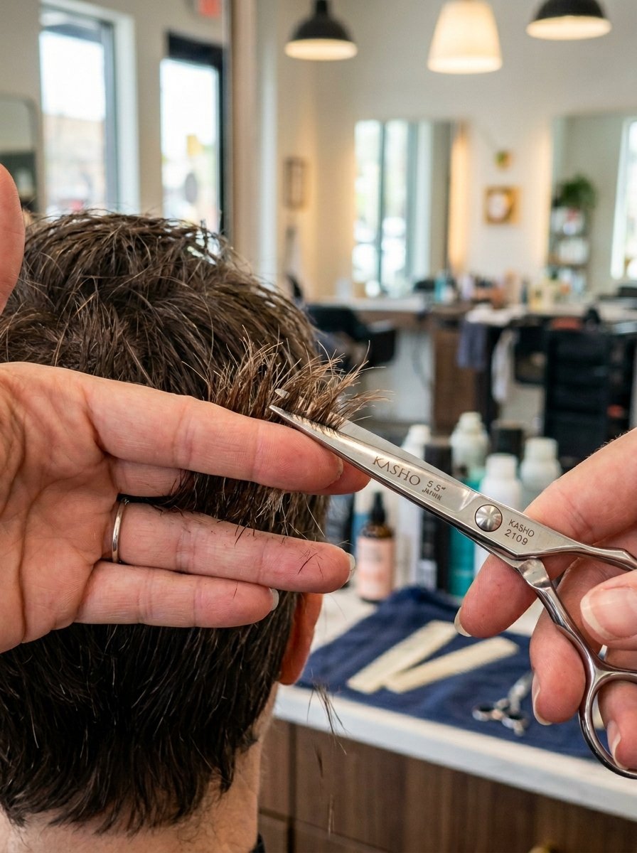 Close-up of a hairdresser's hand holding professional scissors to snip a strand of hair in a salon setting.
