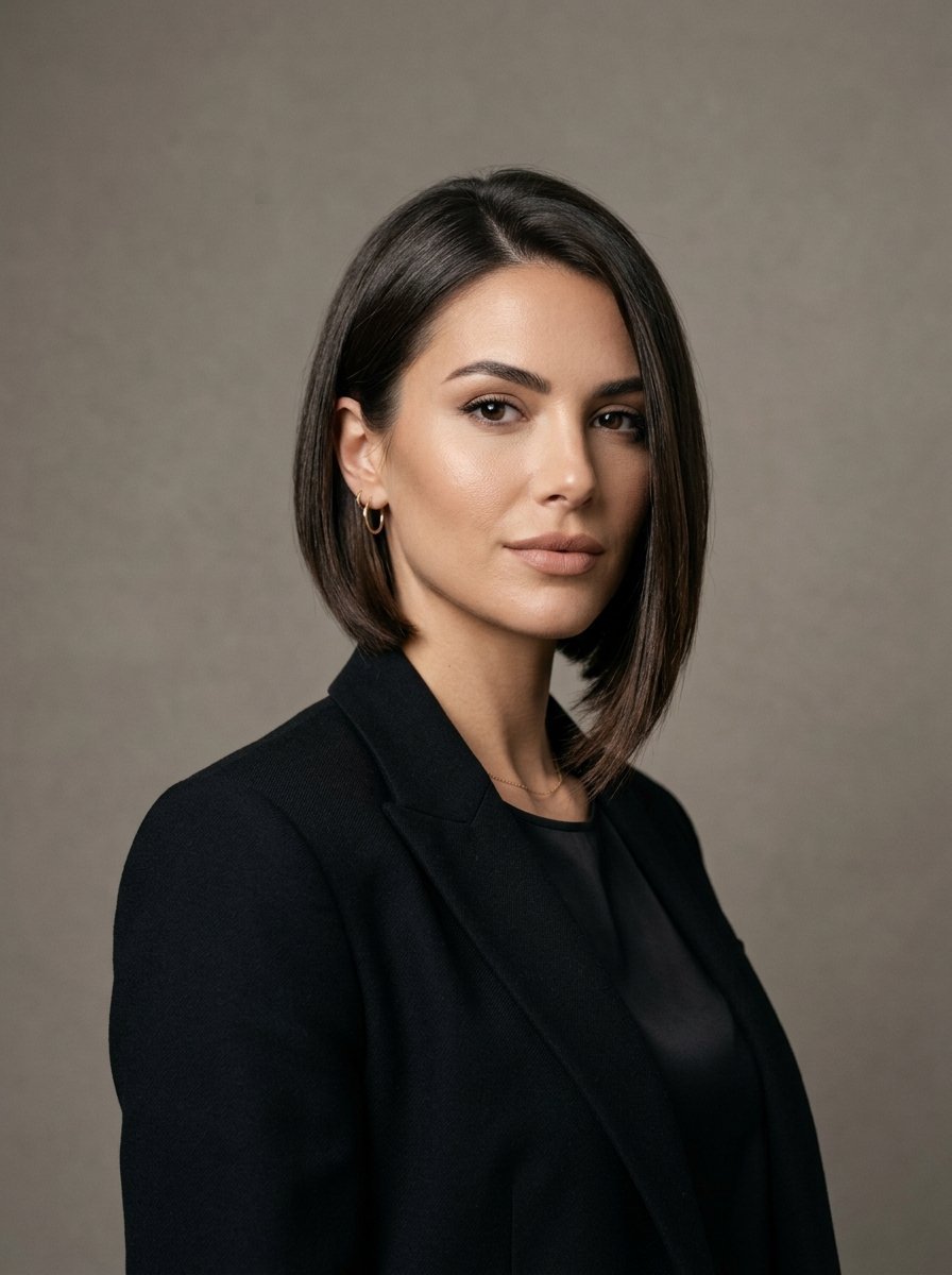 Portrait of a woman with dark hair wearing a black blazer against a grey backdrop.