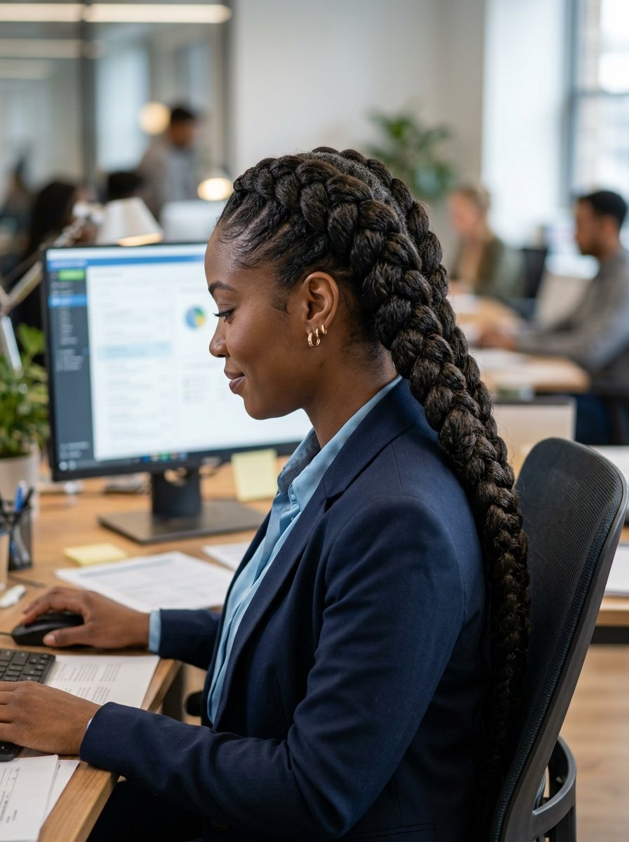 Side profile of a professional woman with long dark braids typing on a computer in a corporate workspace.