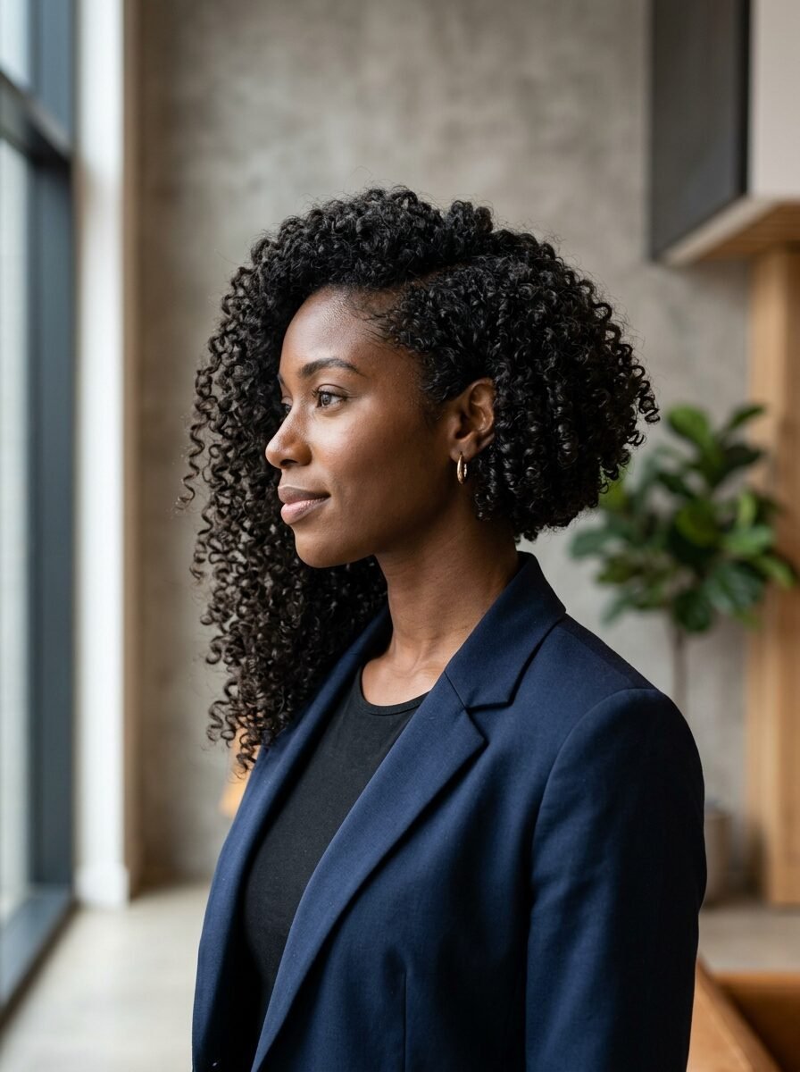 Side profile of a Black woman with natural curly hair wearing a navy blue blazer in a modern office setting.