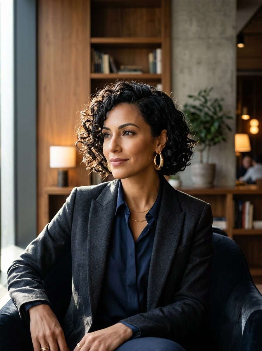 A woman with curly hair wears a charcoal blazer and blue shirt in a cozy office setting with books.