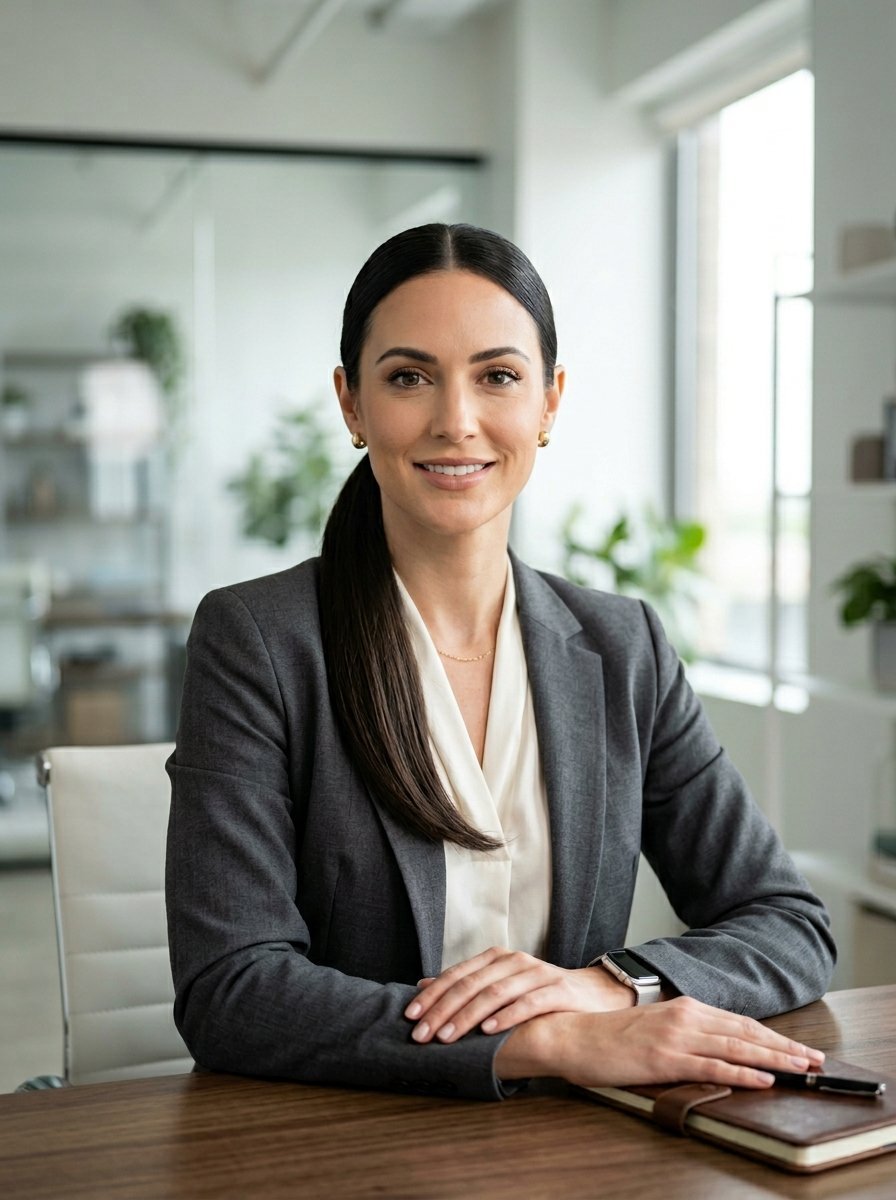 A smiling woman with a ponytail wearing a charcoal blazer sits at a wooden desk.