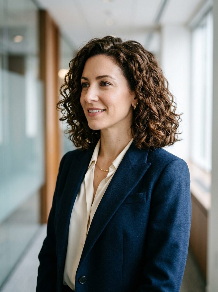 A woman with shoulder-length curly brown hair in a dark blue blazer and cream blouse looking away from the camera.