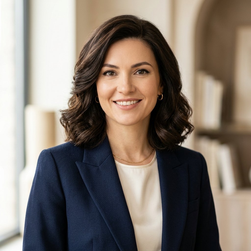 Close up headshot of a smiling woman with dark wavy hair wearing a navy blue blazer and white blouse.