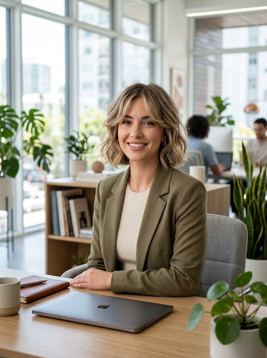 A blonde woman in a green blazer sits smiling at a wooden desk with a laptop and plants in a sunny office.