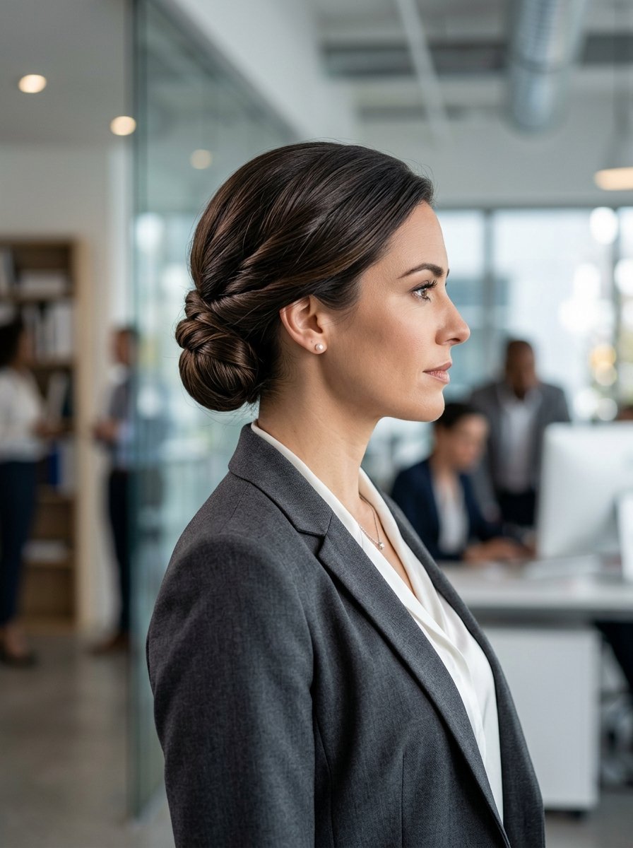Close-up side profile of a woman with a dark hair bun wearing a grey blazer in a modern office.