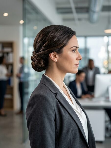 Close-up side view of a woman with a neat low bun hairstyle standing in a modern office.