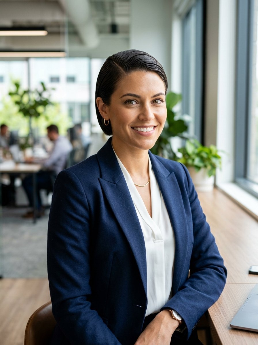 Portrait of a woman with short dark hair in a navy blazer smiling in a modern sunlit corporate office.