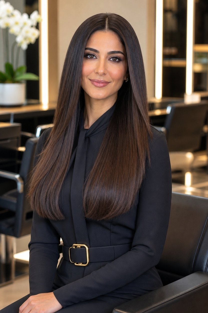 Close up portrait of a smiling woman with long brown hair wearing a black dress with a gold belt.