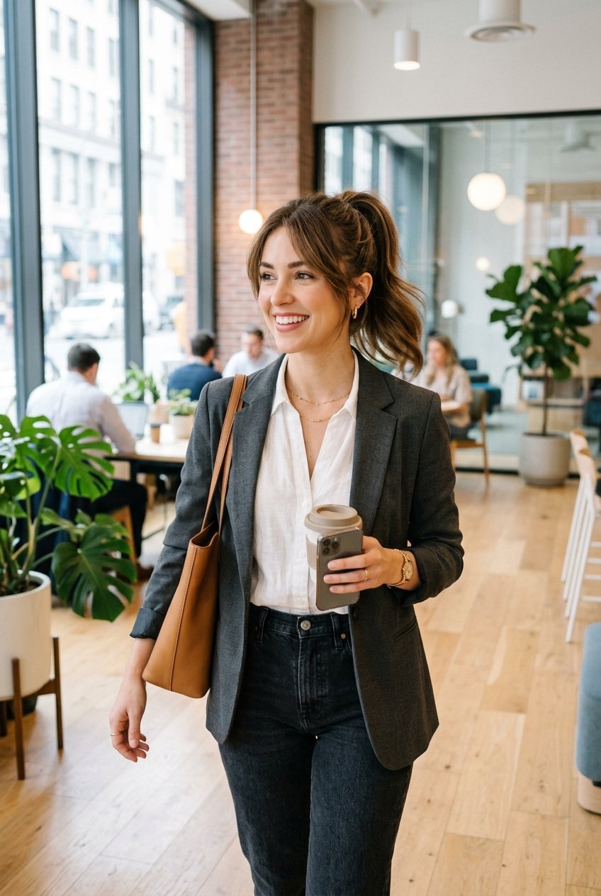 A woman with a ponytail carries a coffee and smartphone while walking through a bright, sunlit office environment.