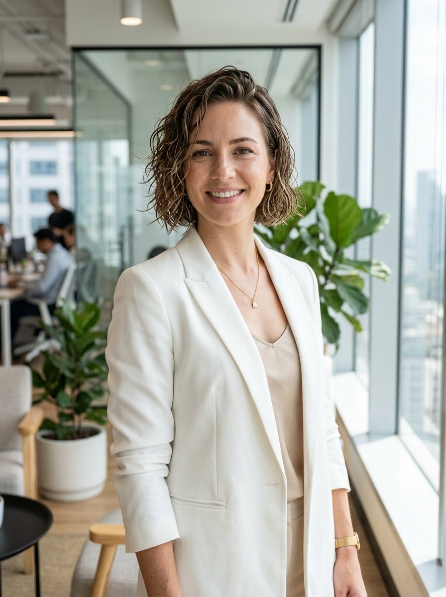 Portrait of a woman with short wavy hair wearing a white blazer and gold necklace in a sunlit corporate office.