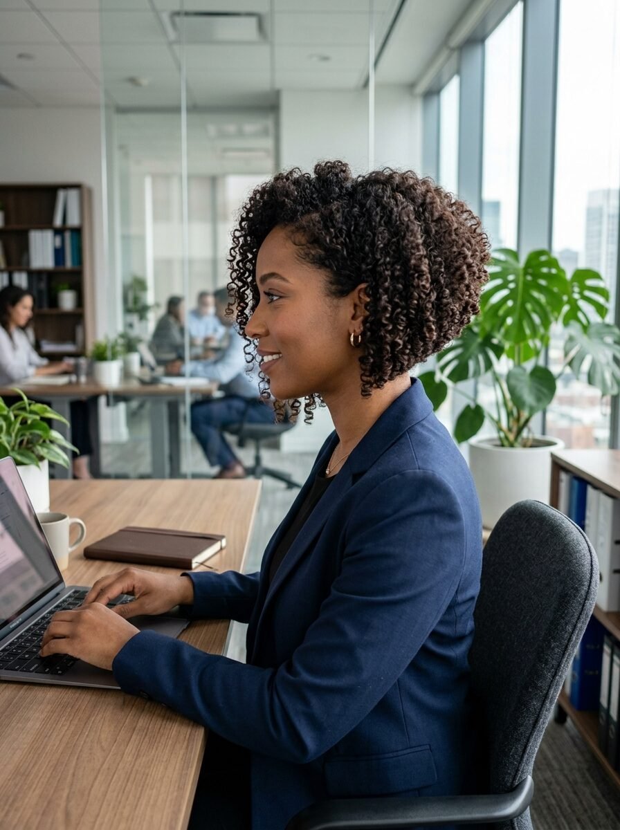 A woman with short curly hair wearing a blue blazer working on a laptop at a wooden desk in a bright office.