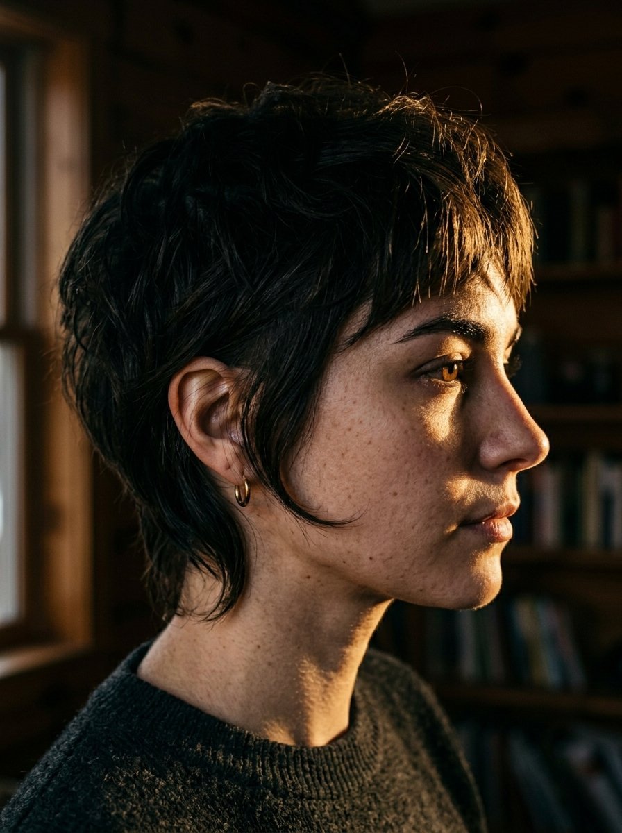 Side profile of a person with dark shaggy hair, freckles, and warm golden hour lighting hitting their face.